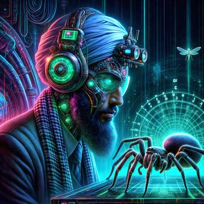 The primary subject of the image is a man with a beard and a turban, wearing a suit and a headset. He is sitting in front of a computer, with a spider sitting on the computer's keyboard. The setting is a futuristic environment, with a green background and a clock visible in the scene. The visual style is digital art, with the man and the spider being digitally rendered. The colors and mood of the image are predominantly green, with a slightly eerie atmosphere due to